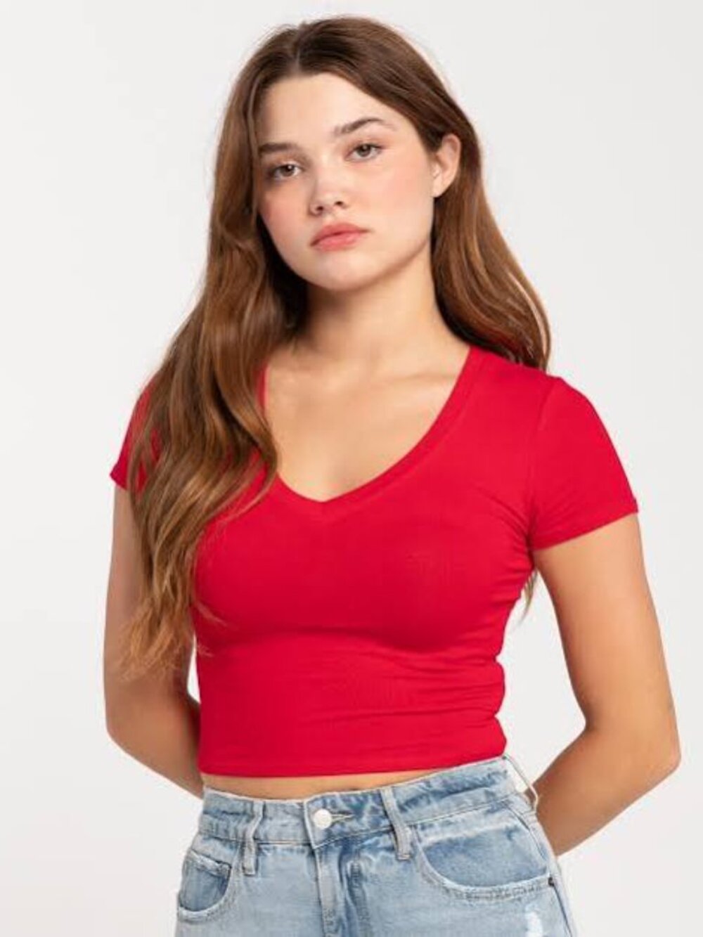Bozzolo Red Ribbed V-Neck Short Sleeve Crop Top M